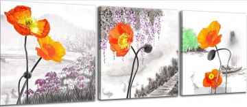 Establecer grupo Painting - flores en estilo tinta en paneles establecidos